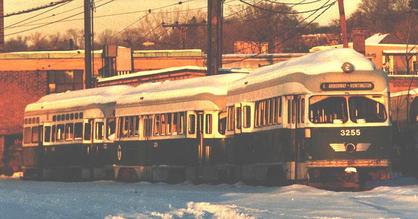 Photo of Dead MBTA PCC trolleys at Arborway in Boston sometime in the 1980's.