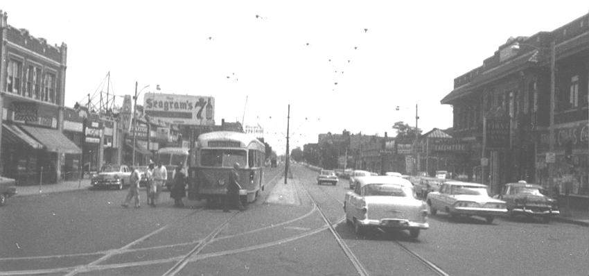 Photo of A-Line PCC Trolley in Allston, MA headed for Watertown circa 1962.