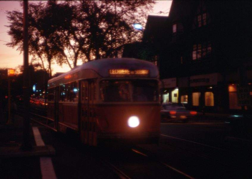 Photo of PCC trolley at Coolidge Corner at sunset