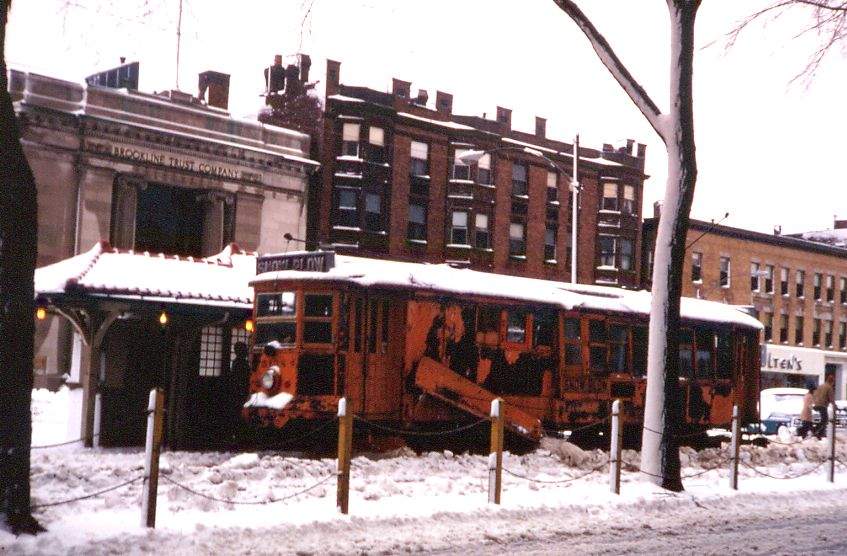 Photo of Ancient MBTA snowplow at Coolidge Corner 1972