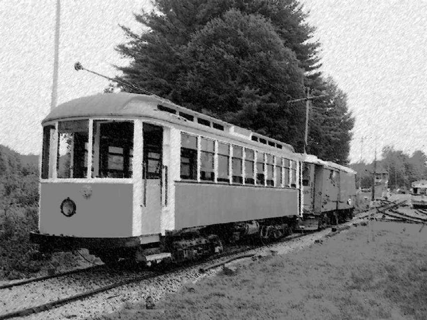 Photo of Connecticut car 1160 being moved by Boston Type 3 at the Seashore Trolley Museum