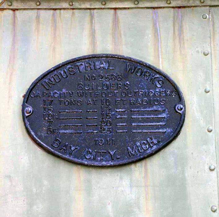 Photo of Builder's logo plate  and stats for the STM yard crane