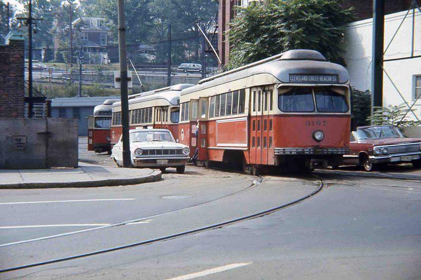 Photo of PCC 3167 leads trolley train out of car barn 9_1968
