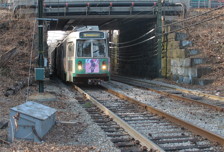 Photo of MBTA Kinki-Sharyo LRV Eastbound on Boston's Riverside Line at Waban Station