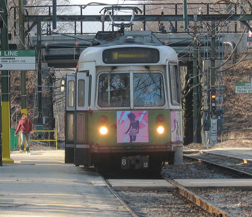 Photo of MBTA Kinki-Sharyo LRV Eastbound on Boston's Riverside Line at Waban Station