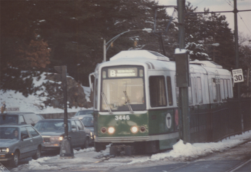 Photo of MBTA Boeing-Vertol LRV #3446 on Commonwealth Ave., Brighton, MA  in 1988