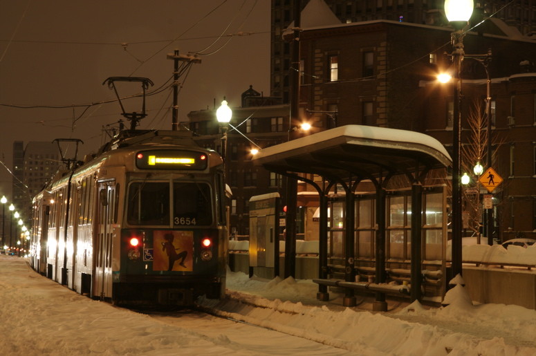 Photo of Type 7 3654 waits at Brigham Circle to head inbound on the E line.