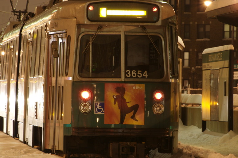 Photo of Type 7 3654 waits at Brigham Circle to head inbound on the E line.