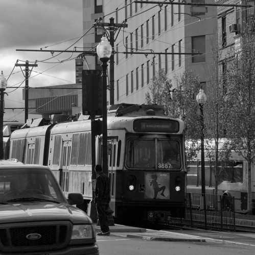 Photo of MBTA type 7 waits at Longwood Ave before heading inbound on the E Line