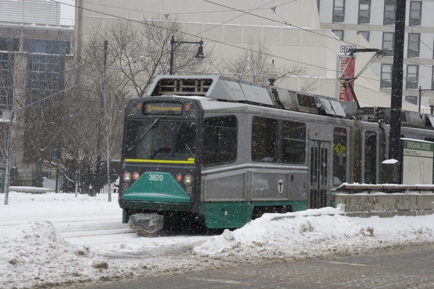 Photo of MBTA Type 8 at Brigham Circle in the Snow