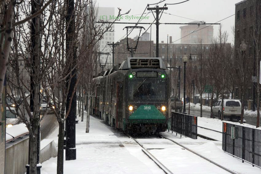 Photo of Type 8 3819 approaches Longwood Medical Area in a snowstorm
