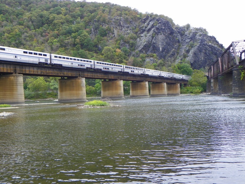 Photo of Amtrak over the Shenandoah River in Harpers Ferry, WV.