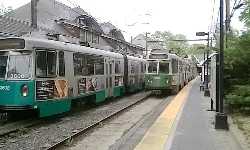 Photo of Green Line trolleys at Newton Center