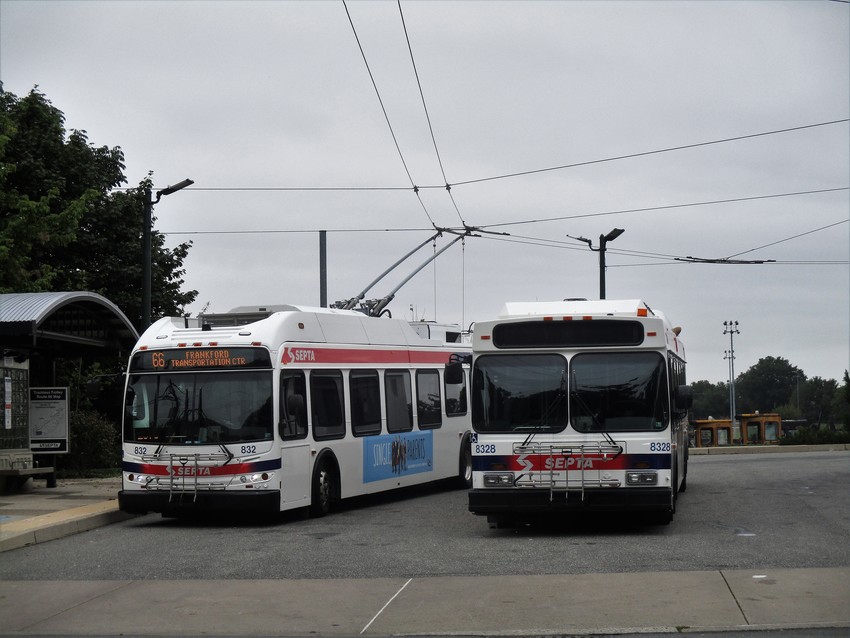 Photo of New Flyer E40LF trackless trolley and DE41LF hybrid.