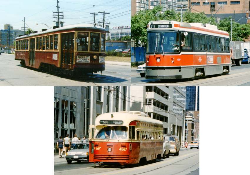 Photo of Three generations of TTC Trolleys in the late '80s